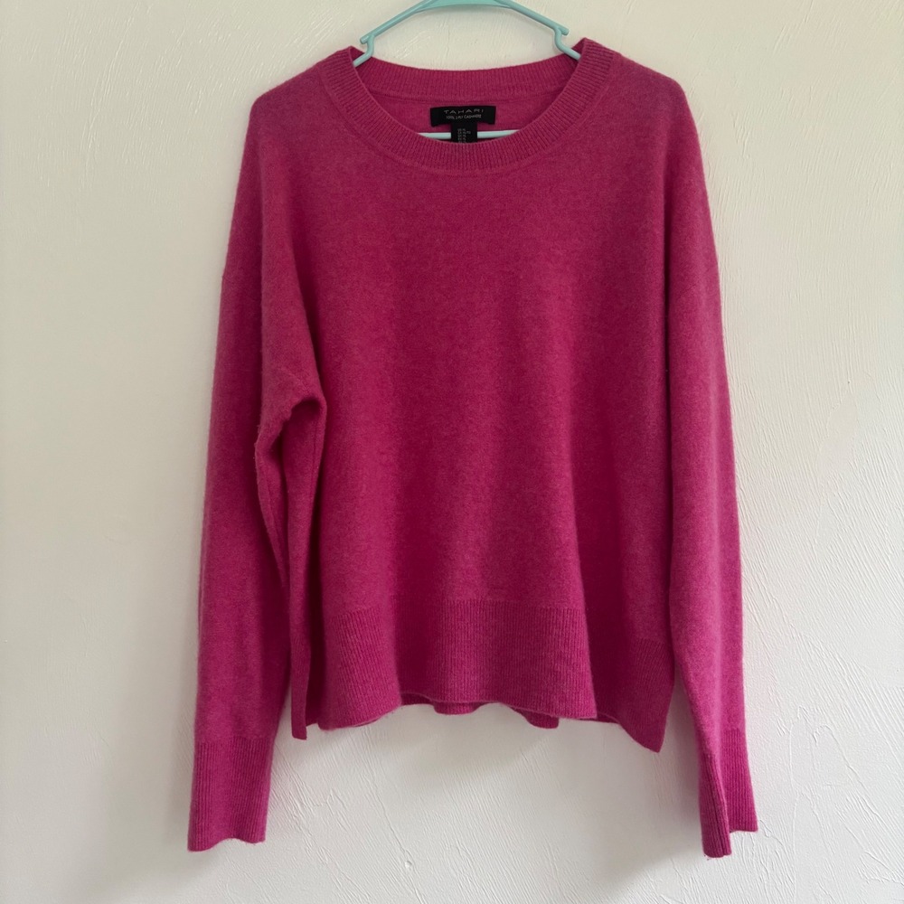 Tahari 100% 2-Ply Cashmere Crewneck Sweater Fuchsia Pink Size XL Women's